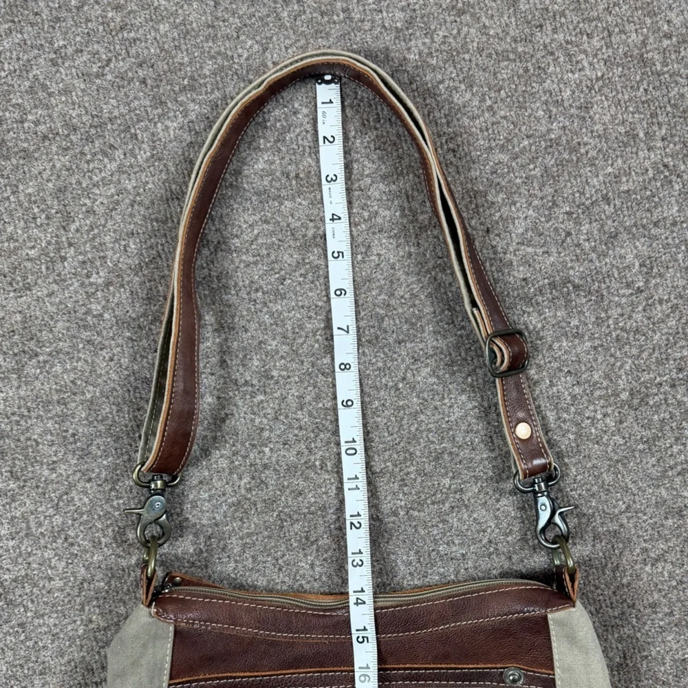 Aztec Green Canvas Brown Leather Trim Hobo Shoulder Crossbody Bag Fringe Tassle